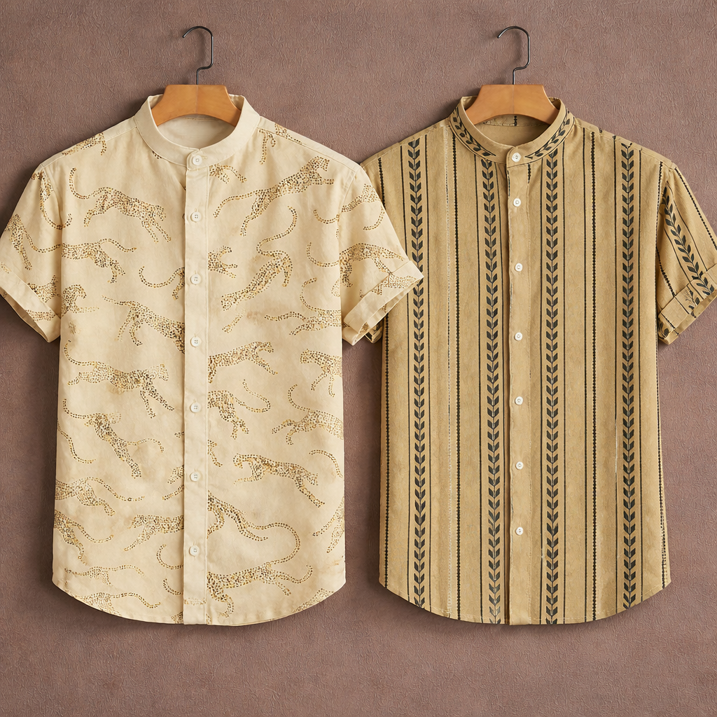 Premium Printed Mandarin Designer Casual Cotton Shirt | Pack of 2