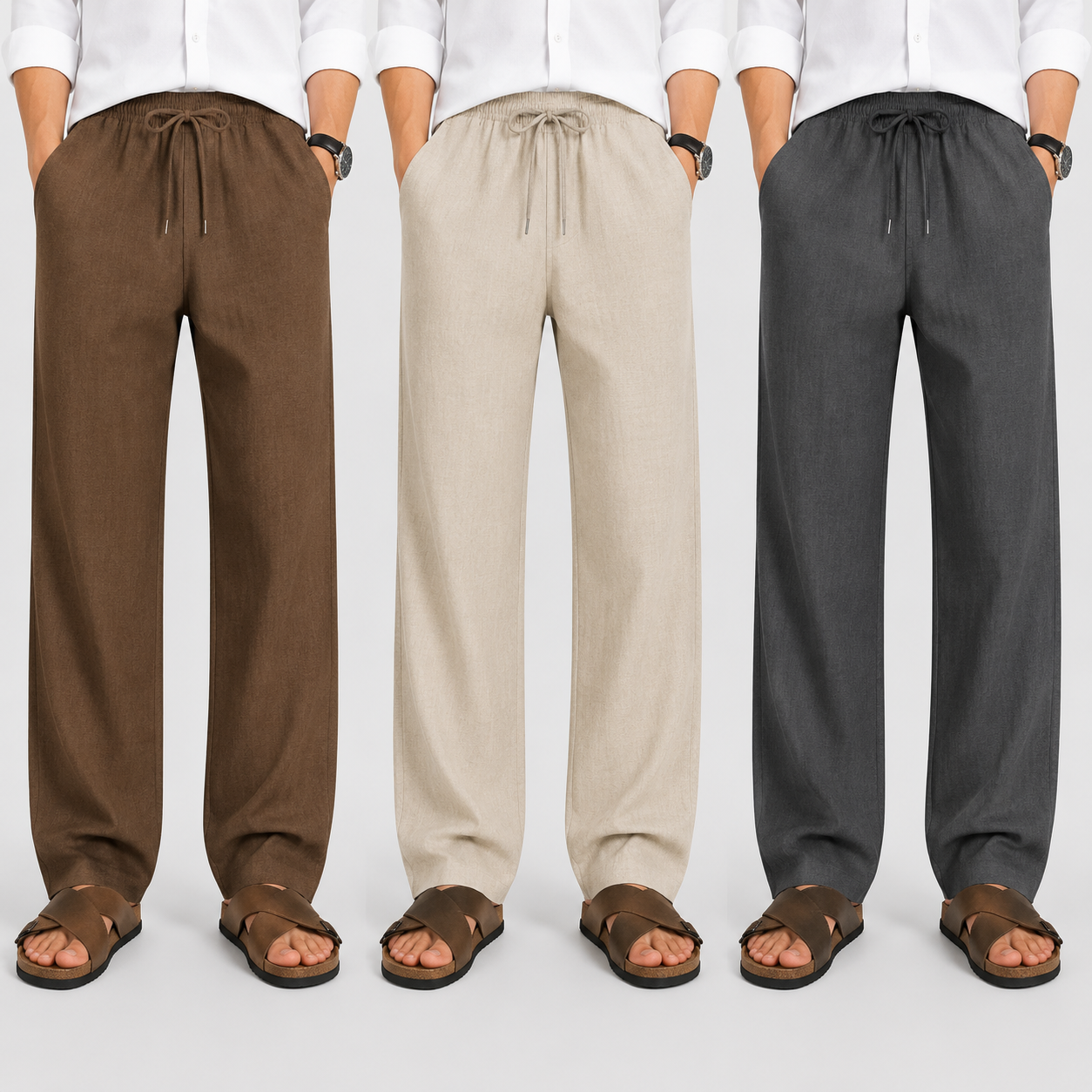 Men's Loose Fit Pants – Dark Gray, Light Beige & Brown | Pack of 3