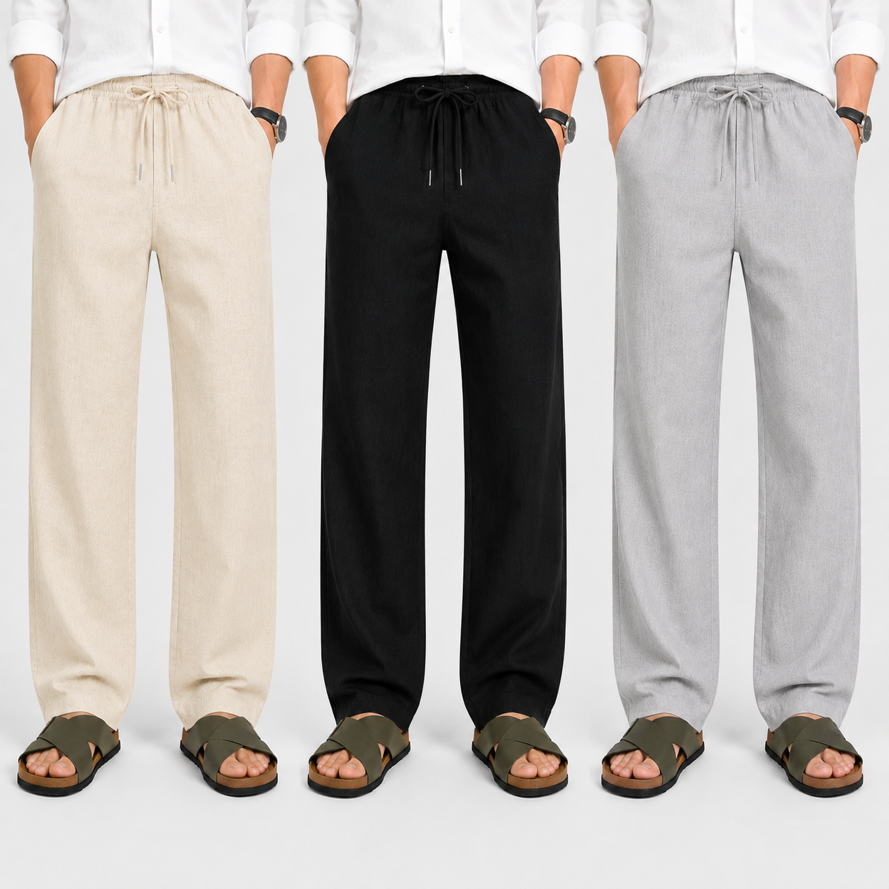 Men's Loose Fit Pants – Beige, Black & Light Gray | Pack of 3