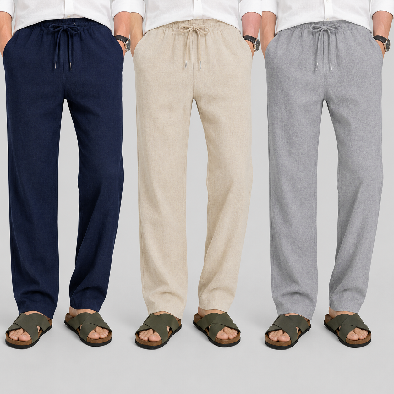 Men's Loose Fit Pants – Navy Blue, Beige & Gray | Pack of 3