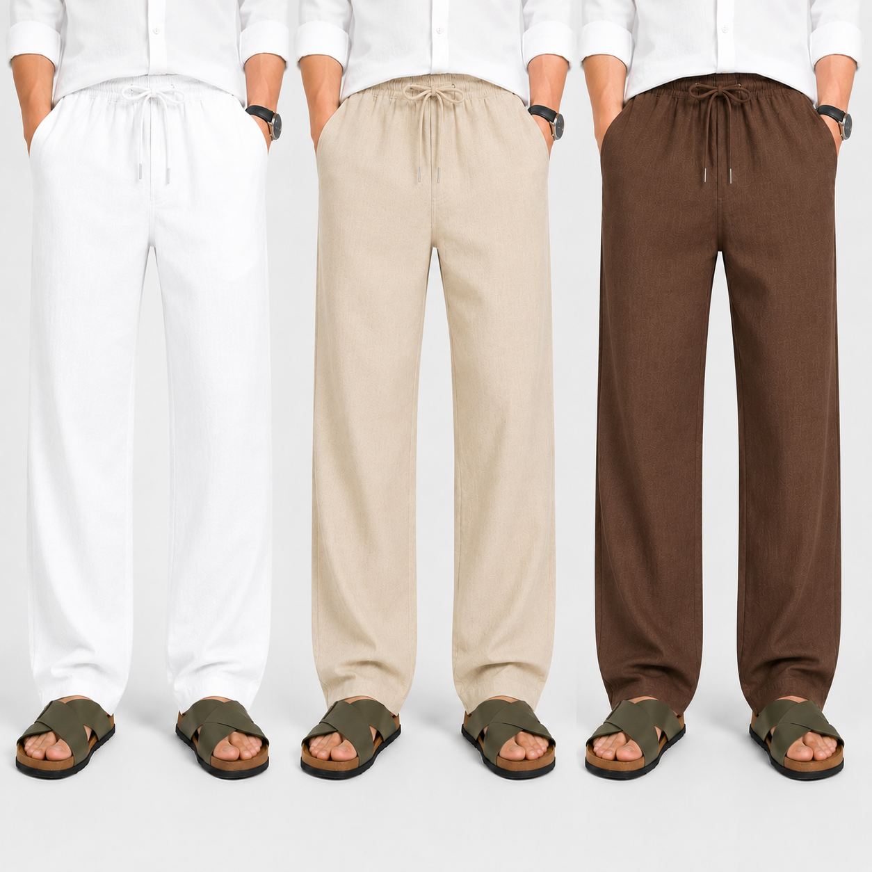 Men's Loose Fit Pants – White, Beige & Brown | Pack of 3
