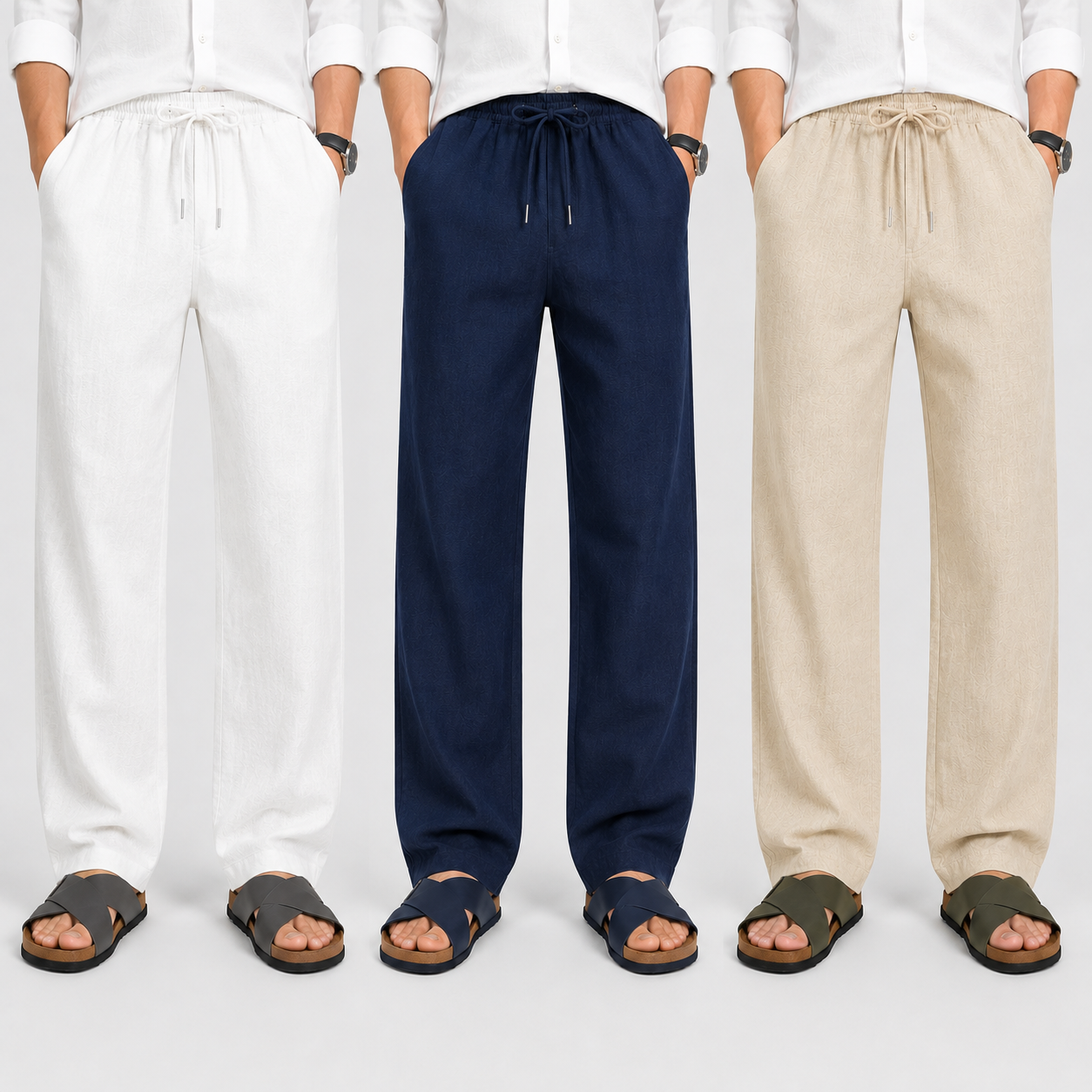 Men's Loose Fit Pants – White, Navy Blue & Beige | Pack of 3