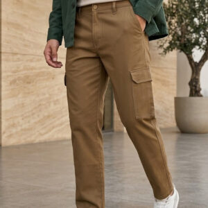 Men’s Khaki Regular Fit Solid Cargo Chino Pant With 6 Pockets