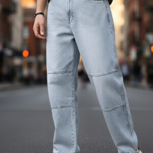 Men’s Ice Grey Loose Baggy Fit Cut and Sew Panelled Jeans Non-Stretchable