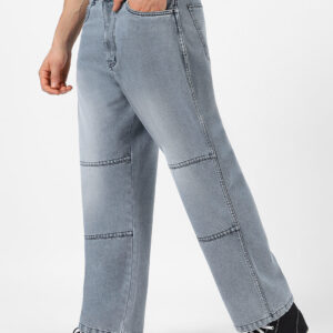 Men's Grey Loose Baggy Fit Cut and Sew Panelled Jeans Non-Stretchable