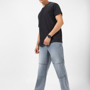 Men's Grey Loose Baggy Fit Cut and Sew Panelled Jeans Non-Stretchable