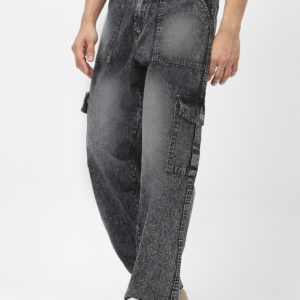 Men’s Grey Loose Fit Cargo Jeans With 6 Pockets Non Stretchable