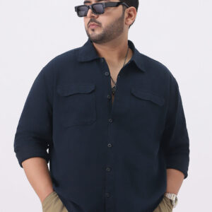 Plus Men's Navy Cotton Full Sleeve Relaxed Fit Shacket with Utility Pockets