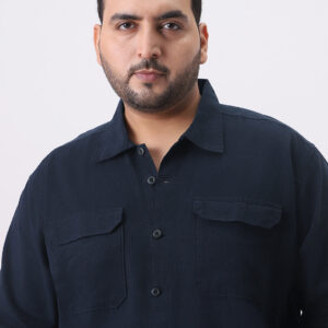 Plus Men's Navy Cotton Full Sleeve Relaxed Fit Shacket with Utility Pockets