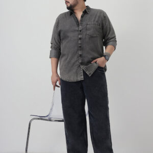 Plus Men's Light Grey Regular Fit Full Sleeve Washed Denim Shirt