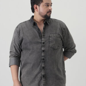 Plus Men's Light Grey Regular Fit Full Sleeve Washed Denim Shirt