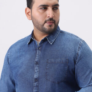Plus Men's Blue Regular Fit Full Sleeve Washed Denim Shirt