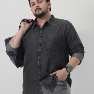 Plus Men's Grey Regular Fit Full Sleeve Washed Denim Shirt
