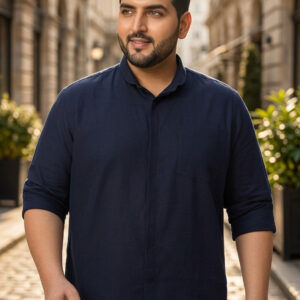 Men’s Navy Cotton Full Sleeve Regular Fit Casual Solid Shirt with Band Collar