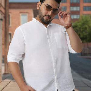 Men’s White Cotton Full Sleeve Regular Fit Casual Solid Shirt with Band Collar