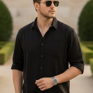 Plus Men’s Black Cotton Full Sleeve Regular Fit Casual Solid Shirt