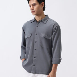 Men's Grey Cotton Full Sleeve Relaxed Fit Shacket with Utility Pockets