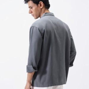 Men's Grey Cotton Full Sleeve Relaxed Fit Shacket with Utility Pockets
