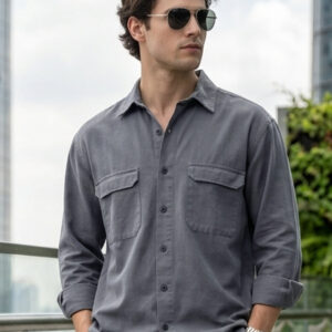 Men’s Grey Cotton Full Sleeve Relaxed Fit Shacket with Utility Pockets