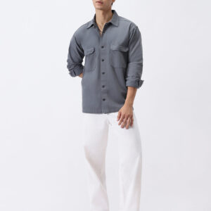 Men's Grey Cotton Full Sleeve Relaxed Fit Shacket with Utility Pockets