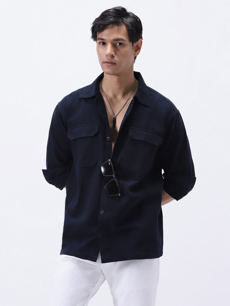 Men's Navy Cotton Full Sleeve Relaxed Fit Shacket with Utility Pockets