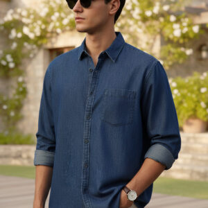 Men's Dark Blue Regular Fit Full Sleeve Solid Denim Shirt