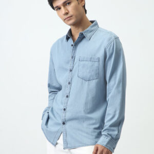 Men's Ice Blue Regular Fit Full Sleeve Solid Denim Shirt