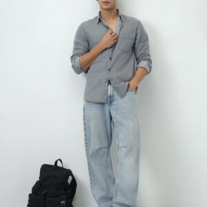Men's Ice Grey Regular Fit Full Sleeve Solid Denim Shirt