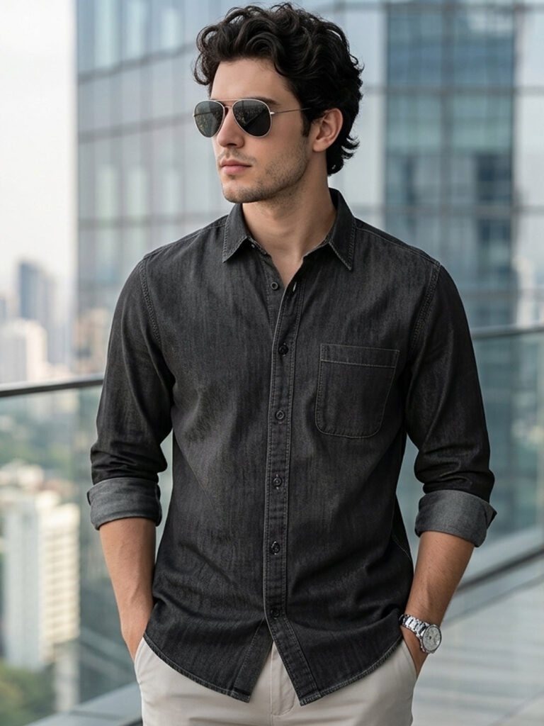 Men's Dark Grey Full Sleeve Regular Fit Casual Denim Shirt