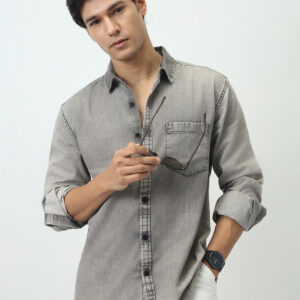 Men's Ice Grey Regular Fit Full Sleeve Washed Denim Shirt