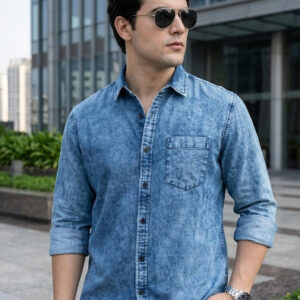 Men's Light Blue Regular Fit Full Sleeve Washed Denim Shirt