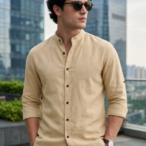 Men’s Beige Linen Blend Full Sleeve Relaxed Fit Mandarin Collar Casual Solid Shirt
