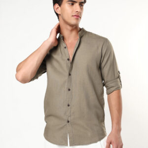 Men’s Coffee Linen Blend Full Sleeve Relaxed Fit Mandarin Collar Casual Solid Shirt