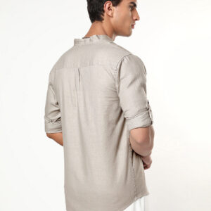 Men's Grey Linen Blend Full Sleeve Relaxed Fit Mandarin Collar Casual Solid Shirt