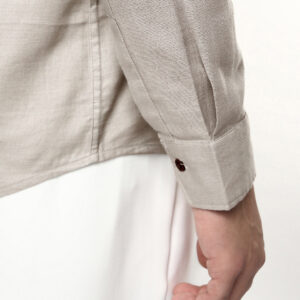Men's Grey Linen Blend Full Sleeve Relaxed Fit Mandarin Collar Casual Solid Shirt