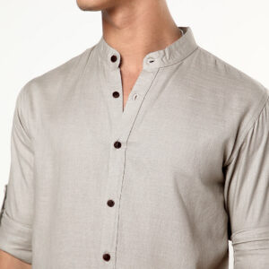 Men's Grey Linen Blend Full Sleeve Relaxed Fit Mandarin Collar Casual Solid Shirt