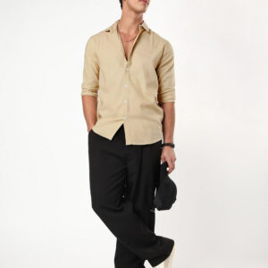 Men's Beige Linen Blend Full Sleeve Relaxed Fit Casual Solid Shirt