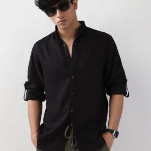 Men’s Black Linen Blend Full Sleeve Relaxed Fit Mandarin Collar Casual Solid Shirt