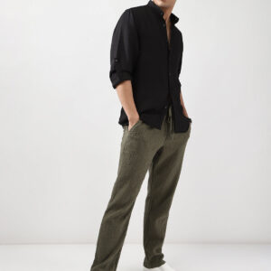 Men's Black Linen Blend Full Sleeve Relaxed Fit Mandarin Collar Casual Solid Shirt