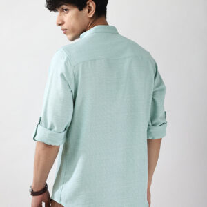 Men's Light Blue Linen Blend Full Sleeve Relaxed Fit Mandarin Collar Casual Solid Shirt
