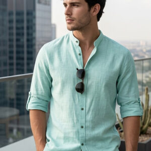 Men’s Light Blue Linen Blend Full Sleeve Relaxed Fit Mandarin Collar Casual Solid Shirt