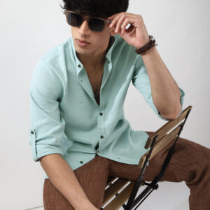 Men's Light Blue Linen Blend Full Sleeve Relaxed Fit Mandarin Collar Casual Solid Shirt