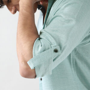 Men's Light Blue Linen Blend Full Sleeve Relaxed Fit Mandarin Collar Casual Solid Shirt