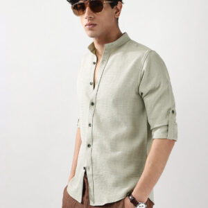 Men's Light Grey Linen Blend Full Sleeve Relaxed Fit Mandarin Collar Casual Solid Shirt