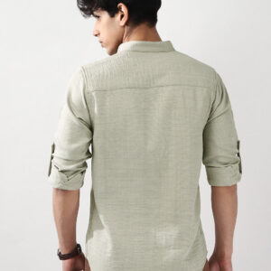 Men's Light Grey Linen Blend Full Sleeve Relaxed Fit Mandarin Collar Casual Solid Shirt