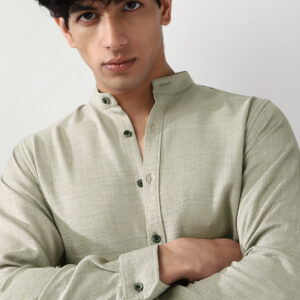 Men's Light Grey Linen Blend Full Sleeve Relaxed Fit Mandarin Collar Casual Solid Shirt