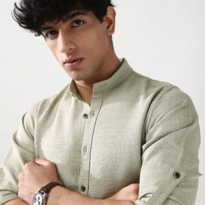 Men's Light Grey Linen Blend Full Sleeve Relaxed Fit Mandarin Collar Casual Solid Shirt