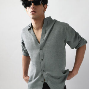 Men’s Metallic Blue Linen Blend Full Sleeve Relaxed Fit Mandarin Collar Casual Solid Shirt