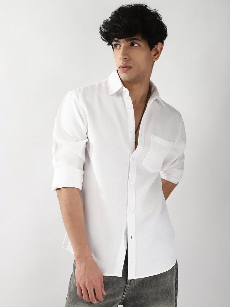 Men's White Linen Blend Full Sleeve Relaxed Fit Casual Solid Shirt