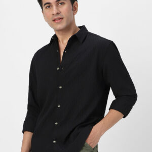 Men's Black Cotton Full Sleeve Regular Fit Textured Shirt with Spread Collar